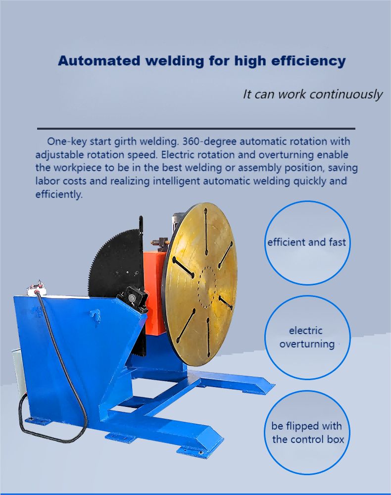 360° automatic rotaton with adjustable rotation speed. Electric rotation and overturning enable the workpiece with best welding